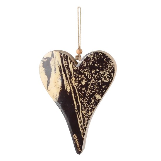 Dekoratief | Hanger hart &#039;Marbled&#039;, zwart/goud, hout, 17x12x2cm | A228091