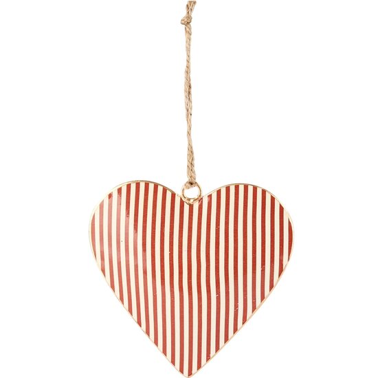 Dekoratief | Hanger hart gestreept, rood/wit, metaal, 10x10x1cm | A228153