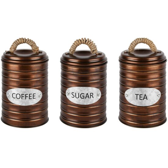 Dekoratief | Bewaarpot &#039;Coffee/Tea/Sugar&#039;, brons, metaal, 10x10x14cm, set van 3 stuks | A228206