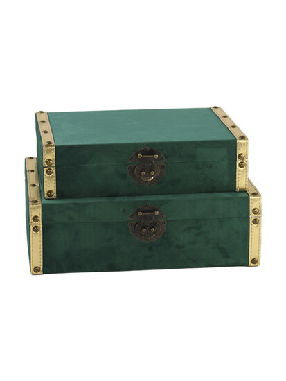 Dekoratief | Set 2 koffers, groen/goud, hout/fluweel, 35x25x11cm | A229005