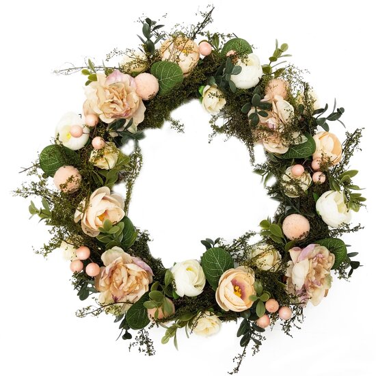 Dekoratief | Krans m/bloemen, groen/roze, naturel, 35x35x7cm | A230156