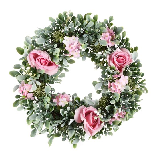 Dekoratief | Krans m/bloemen, groen/roze, naturel, 27x27x6cm | A230158