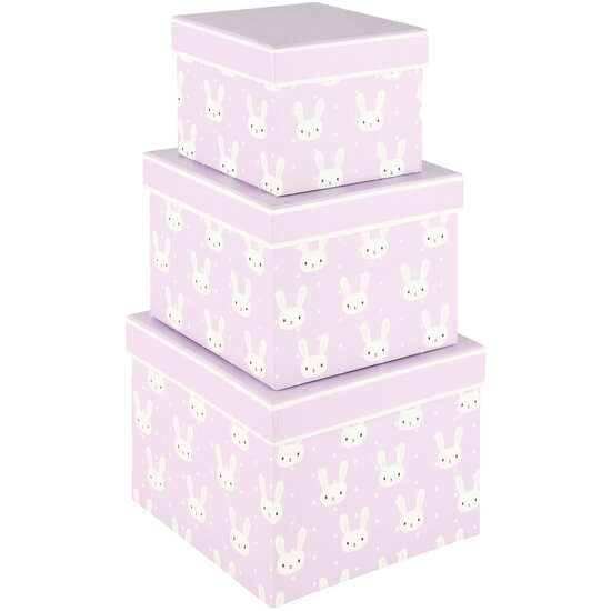 Dekoratief | Set 3 dozen vierkant &#039;Bunny Love&#039;, lila/wit, 19x19x14cm | A230230