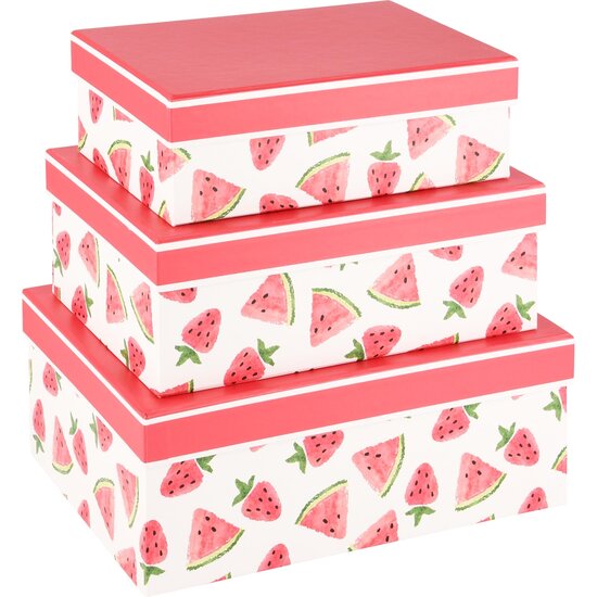 Dekoratief | Set 3 dozen rechthoek &#039;Sweet Watermelon&#039;, roze/wit, 26x18x10cm | A230232