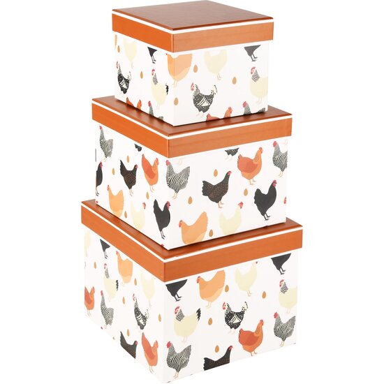 Dekoratief | Set 3 dozen vierkant &#039;Chickens Around&#039;, bruin/wit, 19x19x14cm | A230234