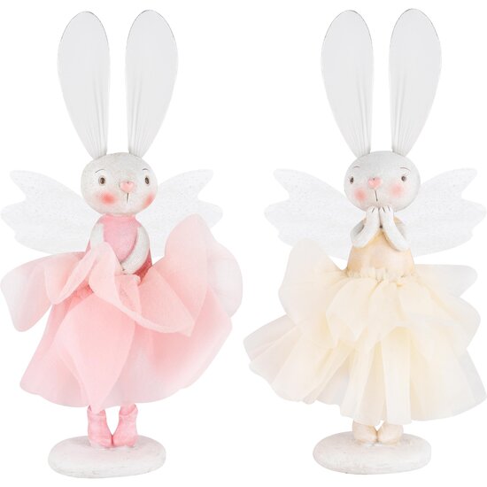 Dekoratief | Bunny staand m/fluffy rokje, roze/wit, resina, 12x10x23cm, set van 2 stuks | A230375