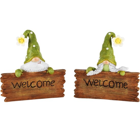 Dekoratief | Gnoom m/bordje &#039;Welcome&#039;, groen, resina, 14x4x14cm, set van 2 stuks | A230518