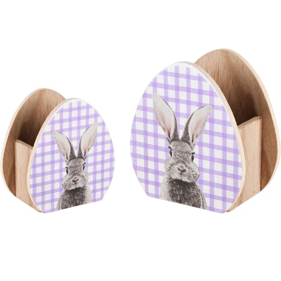 Dekoratief | Set 2 bakjes geruit m/bunny, paars/wit, hout, 16x10x18cm | A230636