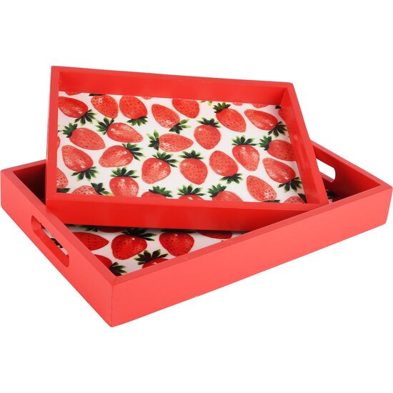 Dekoratief | Set 2 dienbladen &#039;Strawberries&#039;, rood/wit, hout, 30x22x4cm | A230663