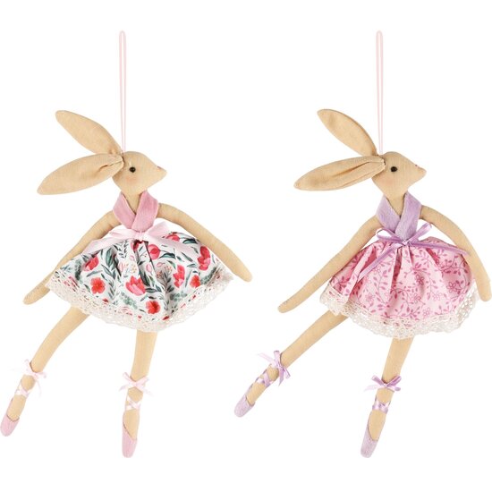 Dekoratief | Hanger bunny m/jurkje, roze, stof, 18x29cm, set van 2 stuks | A230810