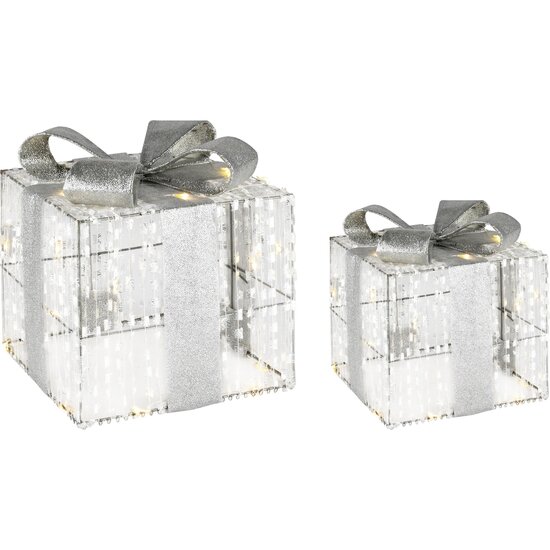 Dekoratief | Set 2 cadeautjes, zilver/glitter, rotan, LED, 20x20x20cm | A235181