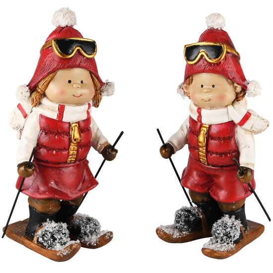 Dekoratief | Winterkindje op ski&#039;s, rood/wit, resina, 7x7x17cm, set van 2 stuks | A235284