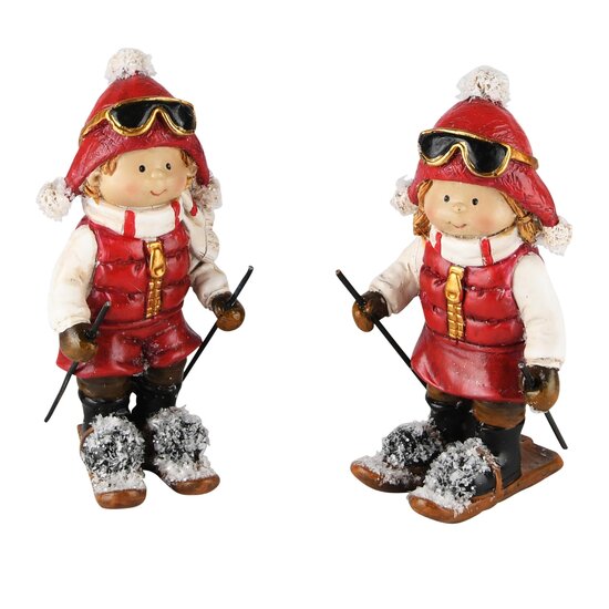 Dekoratief | Winterkindje op ski&#039;s, rood/wit, resina, 5x6x14cm, set van 2 stuks | A235285