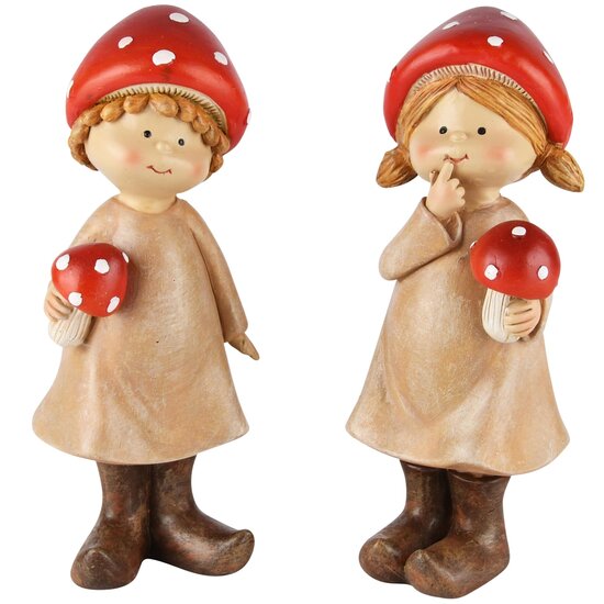 Dekoratief | Herfstkindje m/paddenstoel, rood/beige, resina, 7x5x16cm, set van 2 stuks | A235293