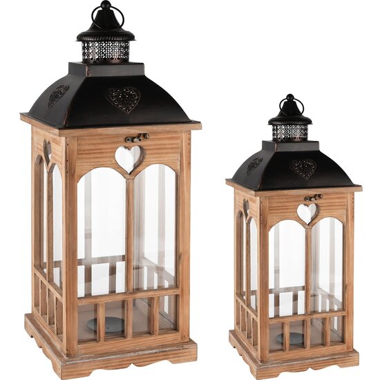 Dekoratief | Set 2 lantaarns, naturel/zwart, hout/metaal/glas, 24x24x61cm | A235359