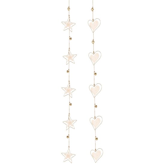 Dekoratief | Slinger m/harten/sterren, goud, metaal, 100x7cm, set van 2 stuks | A235653