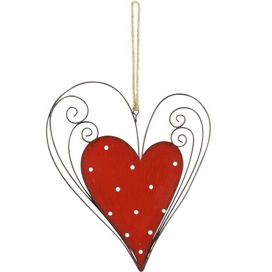 Dekoratief | Hanger hart m/stippen, rood/wit, metaal, 20x17x1cm | A235662