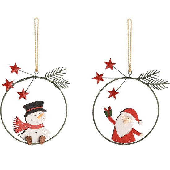 Dekoratief | Hanger ring m/santa/sneeuwman, rood/wit, metaal, 10x12x1cm, set van 2 stuks | A235664