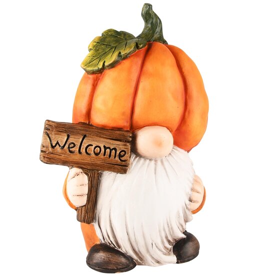 Dekoratief | Herfstgnoom m/pompoenhoed &#039;Welcome&#039;, keramiek, 18x13x25cm | A235780