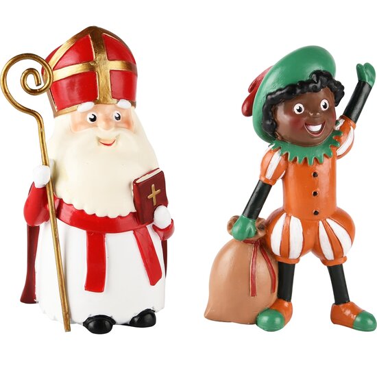 Dekoratief | Sinterklaas/Piet, rood/wit, oranje/groen, resina, 8x7x13cm, set van 2 stuks | A235950