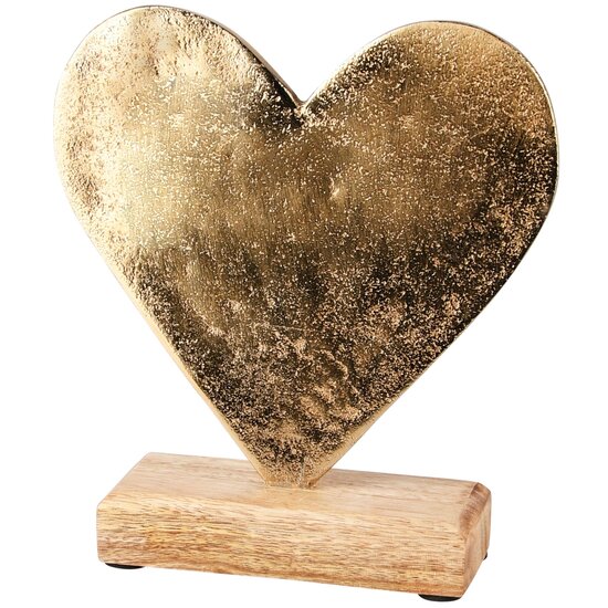 Dekoratief | Deco hart op voet, naturel/goud, metaal/hout, 16x5x18cm | A238046