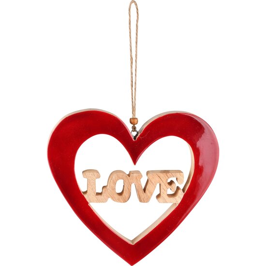 Dekoratief | Hanger hart &#039;Love&#039;, rood/naturel, hout, 19x19x2cm | A238102