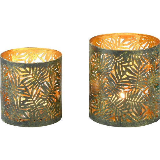Dekoratief | Set 2 Waxinelichthouders &#039;Palm Leaves&#039;, groen/goud, metaal, 13x13x13cm | A238165