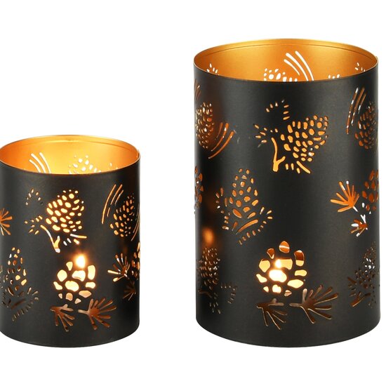 Dekoratief | Set 2 Waxinelichthouders &#039;Pinecones&#039;, zwart/goud, metaal, 10x10x15cm | A238172