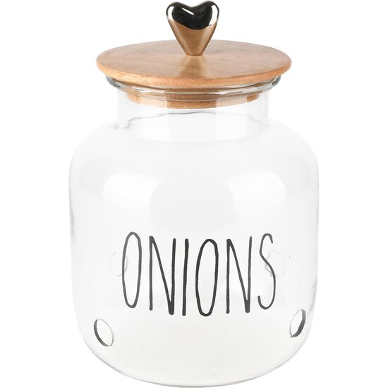 Dekoratief | Bewaarpot &#039;Onions&#039;, transparant, glas/hout, 16x16x25cm | A238210