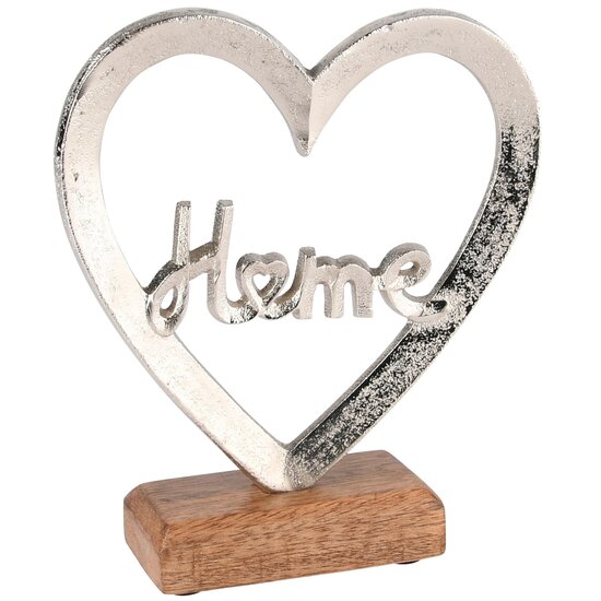 Dekoratief | Deco hart op voet &#039;HOME&#039;, zilver, metaal/hout, 17x5x19cm | A238280