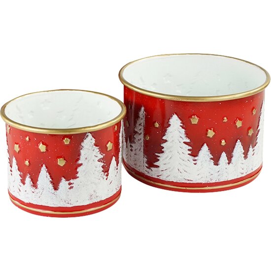 Dekoratief | Set 2 bakken rond m/bomen, rood/wit, metaal, 25x25x17cm | A239079