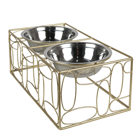 Clayre & Eef | Voerbak Hond Kat Goudkleurig 38x20x13 cm / 2x500 ml | 6Y5429