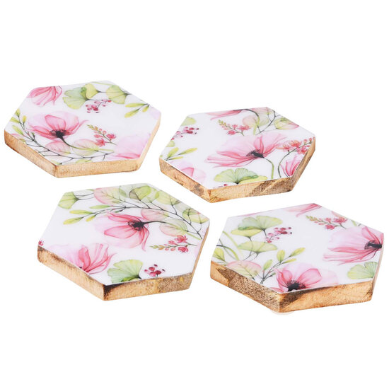Dekoratief | Set 4 coasters &#039;Blooming&#039;, hout/email, 10x10x1cm | A220836