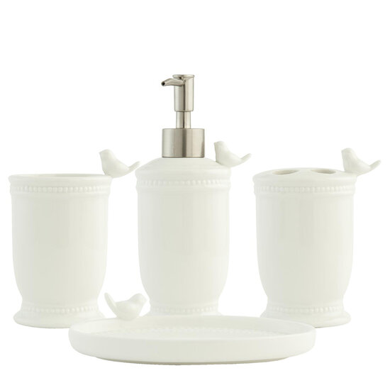 Clayre &amp; Eef | Badkamerset Set van 4 Vogel Wit 10x7x13 cm/10x7x13 cm/10x7x19 cm/15x10x4 cm | 62977