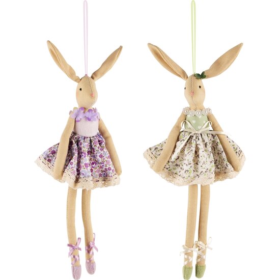 Dekoratief | Hanger bunny, lila/groen, stof, 33cm, set van 2 stuks | A240196
