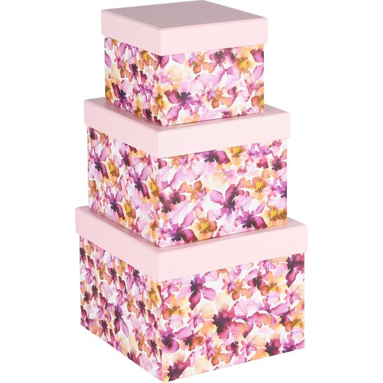 Dekoratief | Set 3 dozen vierkant &#039;Purple Flowers Fair&#039;, karton, 18x18x14cm | A240215