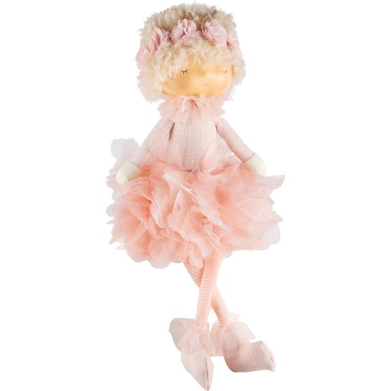 Dekoratief | Pop zittend m/roze jurk, stof/resina, 20x19x47cm | A240471