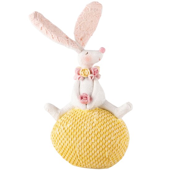 Dekoratief | Bunny zittend op ei, wit/geel, resina, 10x7x18cm | A240474
