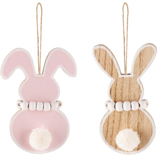 Dekoratief | Hanger bunny m/pluisstaartje, roze/bruin, 6x11x1cm, set van 2 stuks | A240511