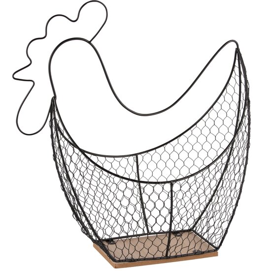 Dekoratief | Mandje kip, zwart, metaal/hout, 32x33x14cm | A240517