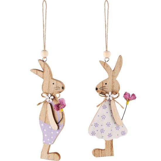 Dekoratief | Hanger bunny, wit/lila, hout, 6x14x1cm, set van 2 stuks | A240521