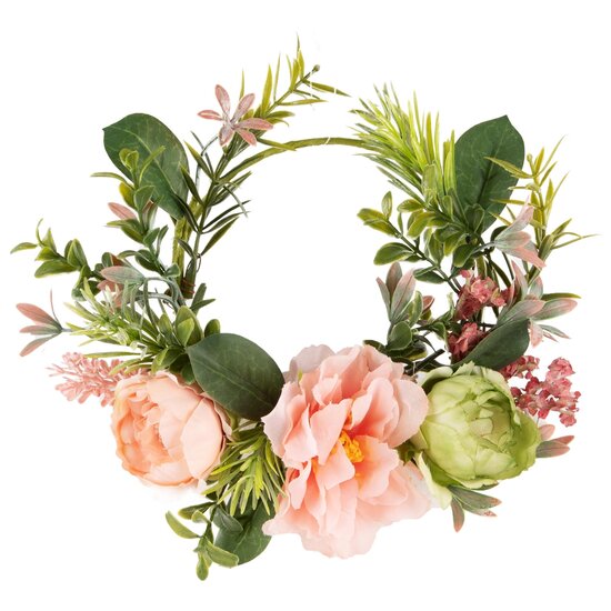 Dekoratief | Krans m/bloemen, groen/roze, PVC, 18x18cm | A240563