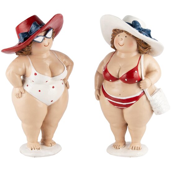 Dekoratief | Stranddame staand m/hoed, wit/rood, resina, 11x8x21cm, set van 2 stuks | A240727