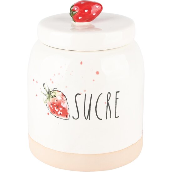 Dekoratief | Bewaarpot &#039;Sucre&#039; m/aardbeien, wit/rood, keramiek, 12x12x16cm | A240795