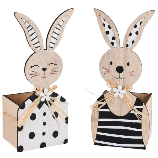 Dekoratief | Bakje bunny, naturel/zwart/wit, hout, 11x9x26cm, set van 2 stuks | A220194