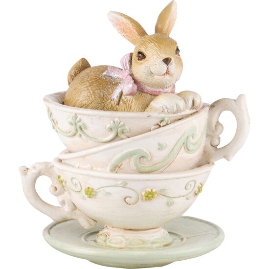 Dekoratief | Bunny in koffiekopjes, resina, 8x6x9cm | A240115