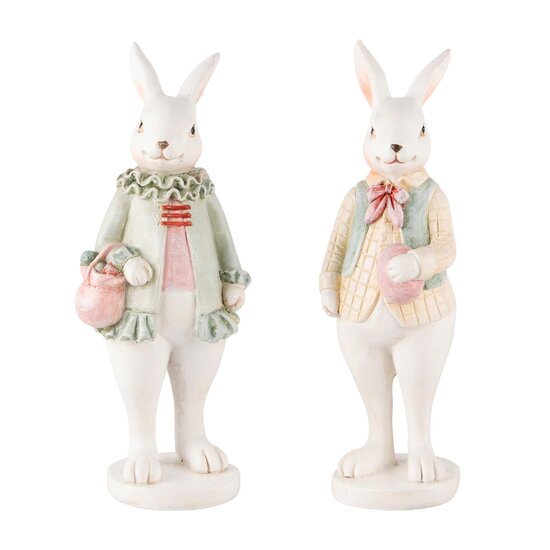 Dekoratief | Bunny staand m/mandje, wit/roze, resina, 5x5x14cm, set van 2 stuks | A240119