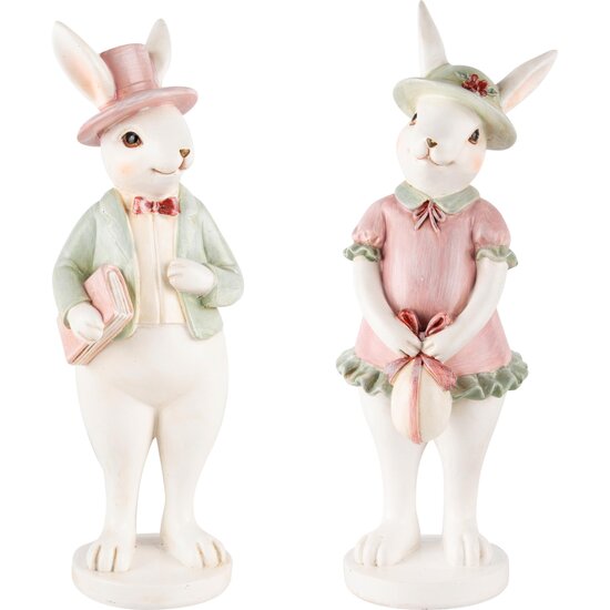 Dekoratief | Bunny staand m/hoed, groen/roze, resina, 9x9x25cm, set van 2 stuks | A240120
