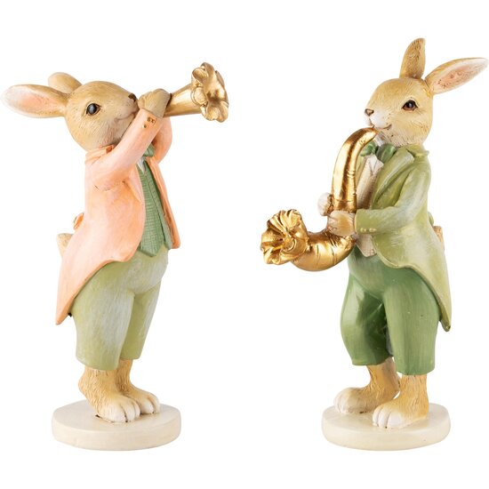 Dekoratief | Bunny m/trompet staand, groen, resina, 5x8x14cm, set van 2 stuks | A240122
