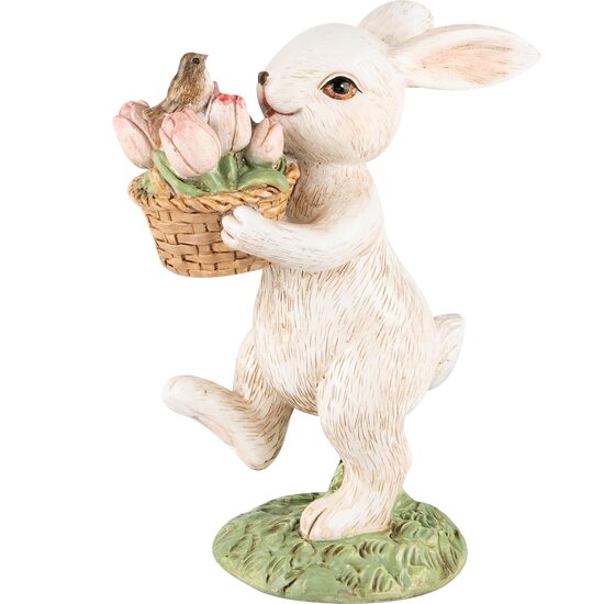 Dekoratief | Bunny m/bloemen staand, wit/roze, resina, 9x5x12cm | A240127